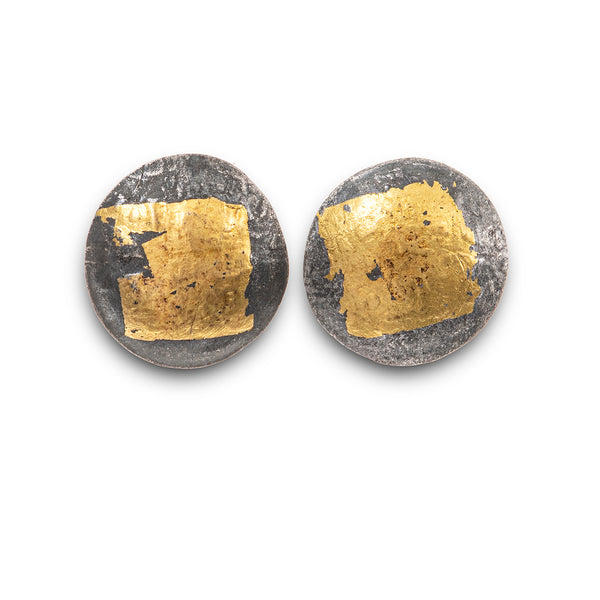 Oxidised silver small stud earrings with 24-carat gold