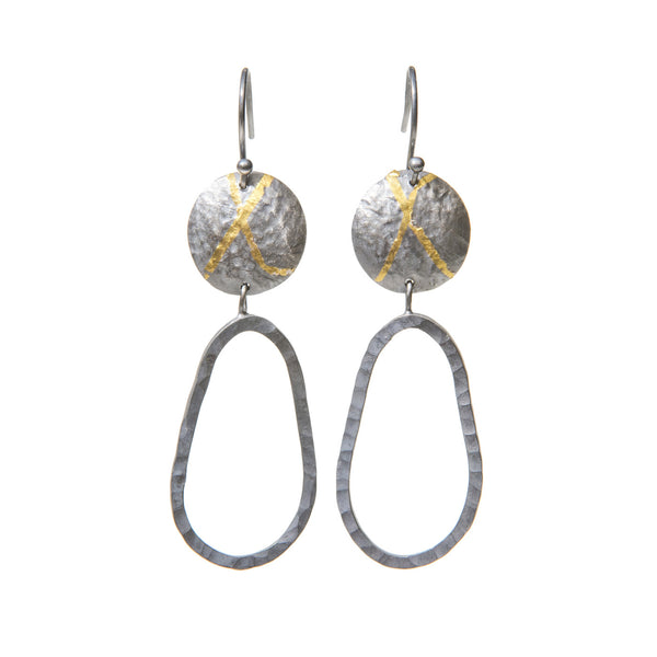 Long drop statement earrings, oxidised with gold keum Boo
