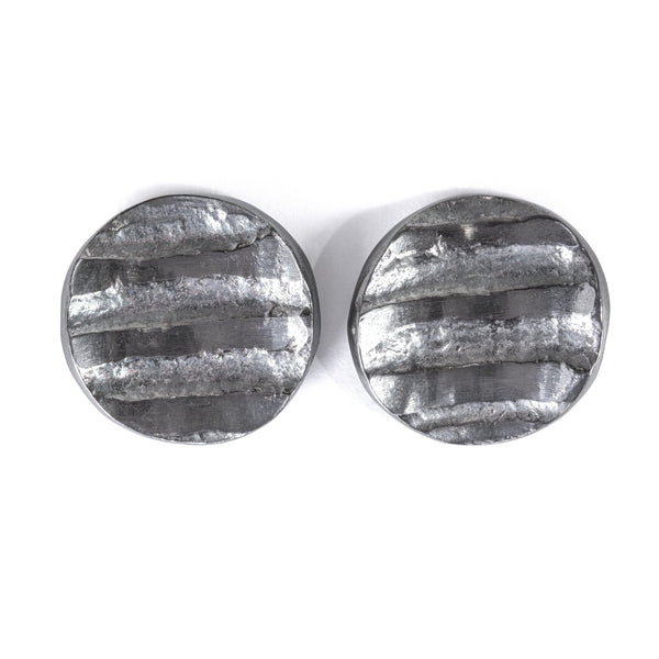 Concave textured striped oxidised silver stud
