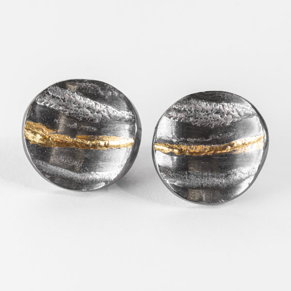 Oxidised silver concave textured striped small studs with gold