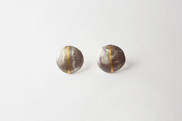 Hand crafted silver small oxidised gold striped stud