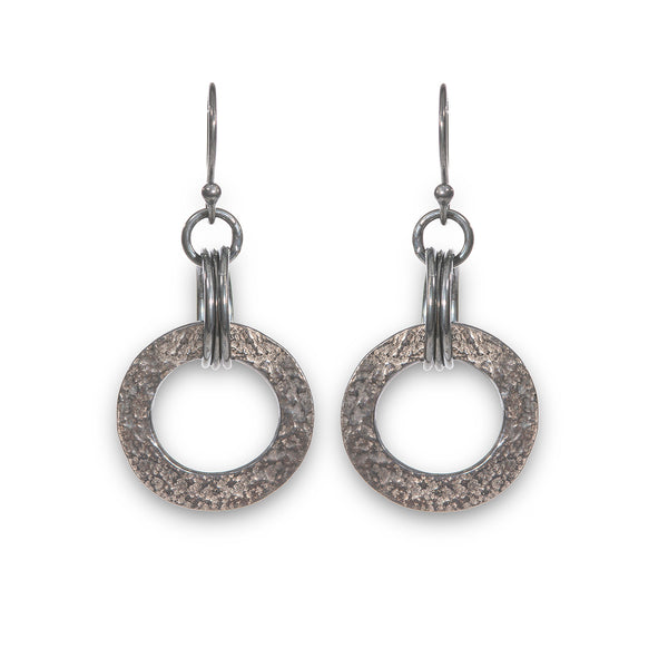 Oxidised Textured Silver, circular drop earrings
