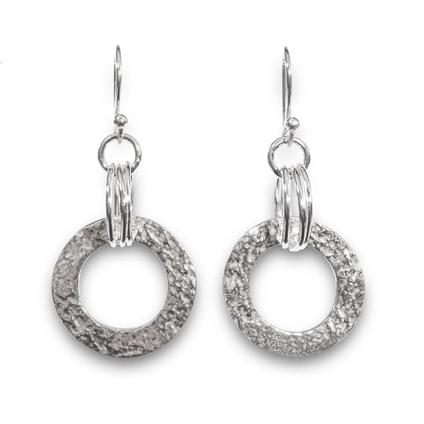 Silver textured, circle drop earrings