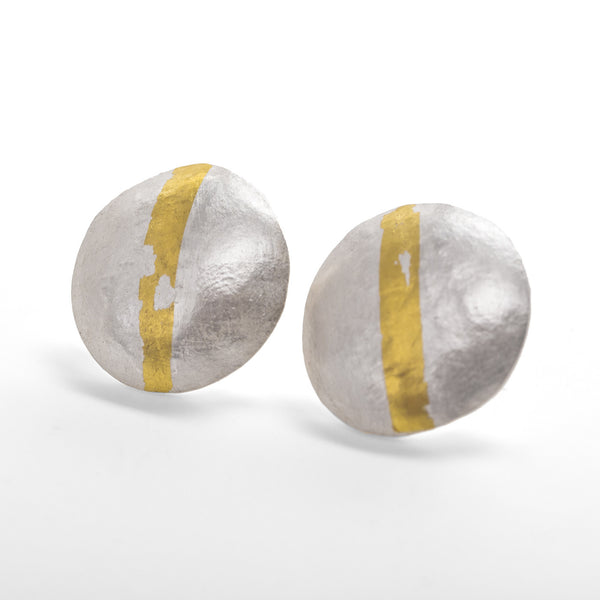 Hand crafted silver small oxidised gold striped stud