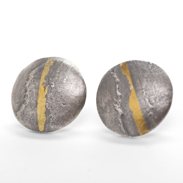 Hand crafted silver small oxidised gold striped stud