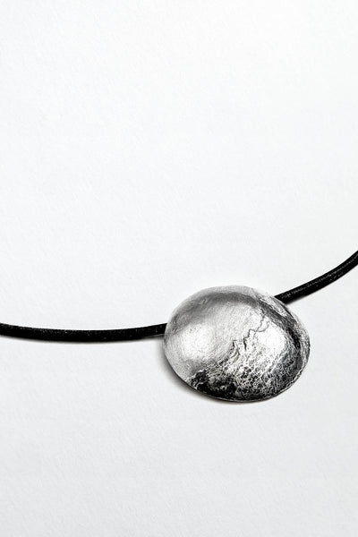 Mountain fine silver choker on a black leather necklet