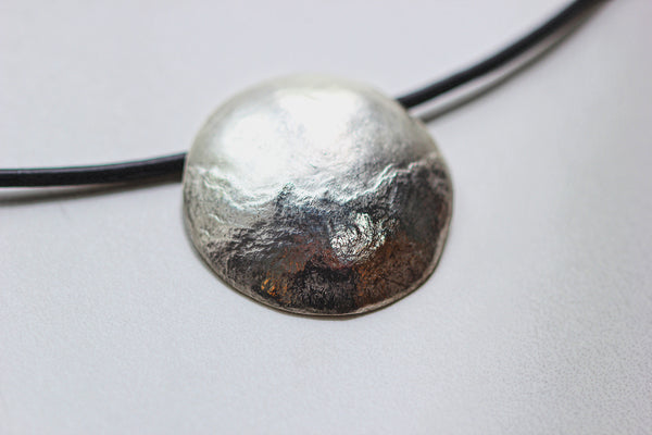 Mountain fine silver choker on a black leather necklet