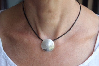 Mountain fine silver choker on a black leather necklet